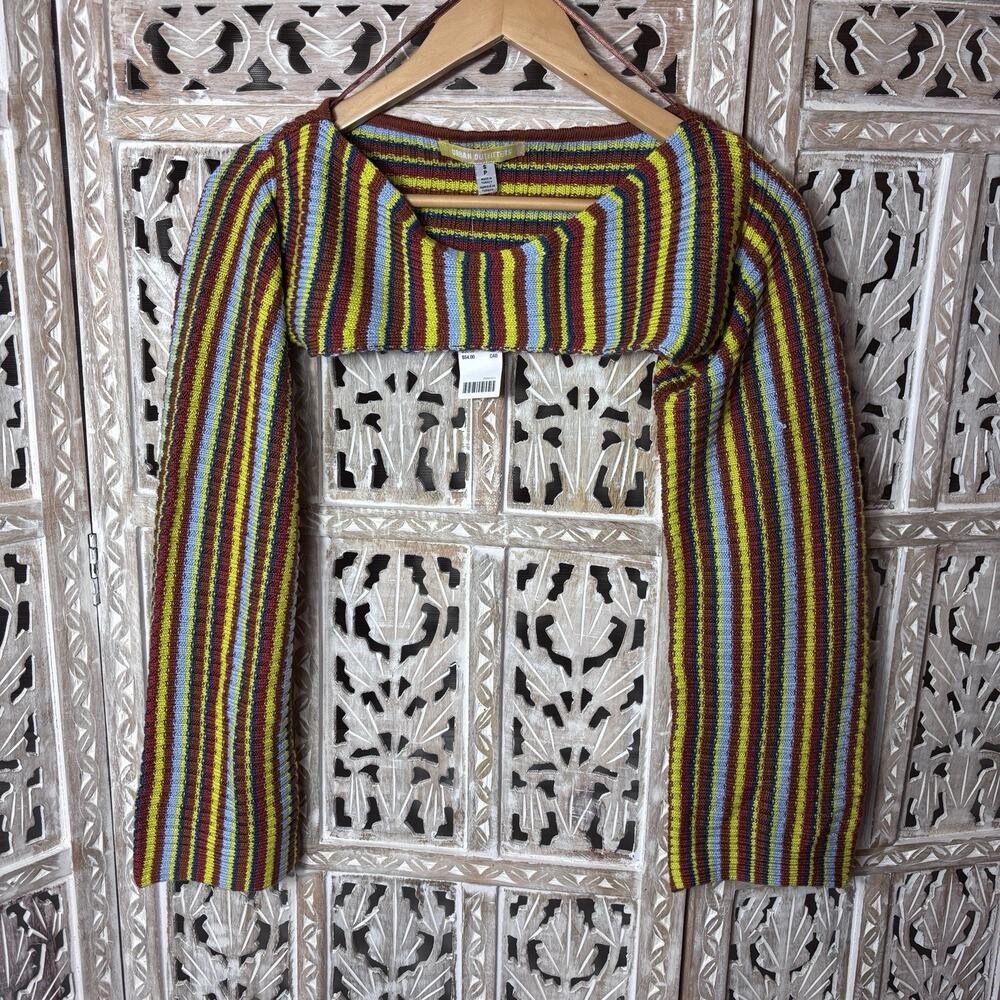 New Urban Outfitters Crop Shrug Knit Sweater Stripe Core Green Blue Brown Small